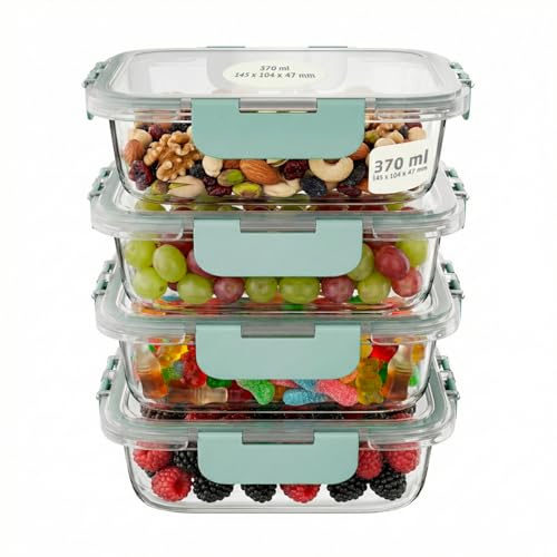 Amig - Set de 4 Recipientes rectangulares Herméticos para Alimentos - Capacidad: 370 ml - 145x104x47mm - Contenedor de Cristal para Microondas, Horno, Congelador y Lavavajillas - Color verde-Adultos