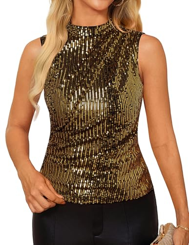 GRACE KARIN Damen Ärmelloses Pailletten Tank Top Elegant Neckholder Glitzer Bluse Slim Fit Party Cocktail Oberteile Gold-Schwarz M
