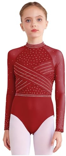 CHICTRY Gymnastikanzug Mädchen Langarm Turnanzug Strass Glitzer Ballettanzug Stehkragen Turnbody Mesh Patchwork Sport Overall Jumpsuit Dancewear