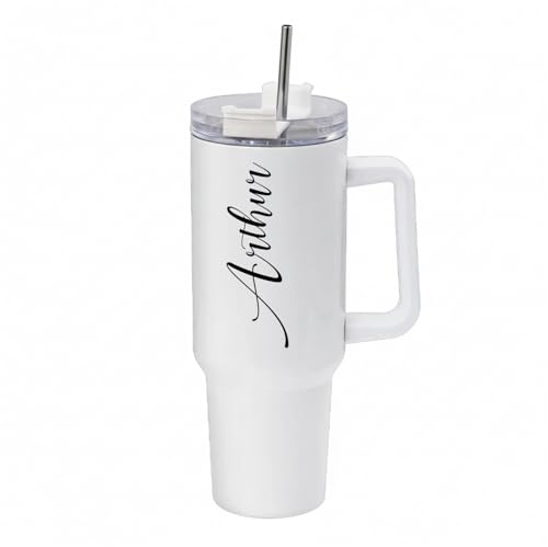 Getagift Personalised 40oz Travel Tumbler with Handle & Straw | Custom Name/Text | Stainless Steel Large Cup | Travel Water Bottle | Car Coffee Mug. (White)