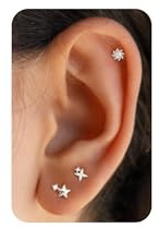 PRTGL Flat Back Earrings - 6pcs 14k Gold/White Gold Plated Silver Tiny Flower Heart Star Moon Bee Bird Cubic Zirconia Flatback Stud Earrings for Women, Flatback Cartilage Helix Tragus Ear Stacks