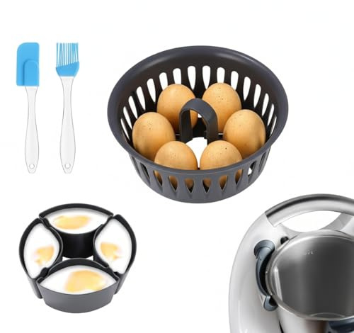 Kievano Cocedor de Huevos 2 en 1 para Thermomix TM6 TM5 TM31, Accesorios Thermomix para Huevos Escalfados y Huevos Cocidos, Soporte para Huevos en PP Alimentario sin BPA con Espátula y Pincel