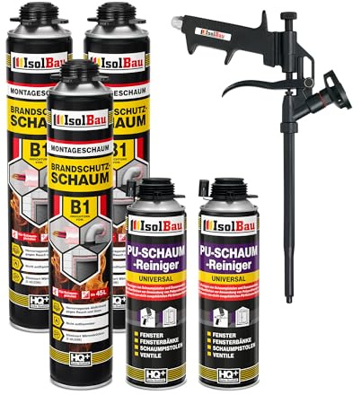 Isolbau Mousse de construction B1 - Mousse de montage - Mousse polyuréthane 3 x 750 ml - Mousse pistolet, 2 nettoyants en mousse polyuréthane et 1 pistolet à mousse - Mousse de protection incendie 1K