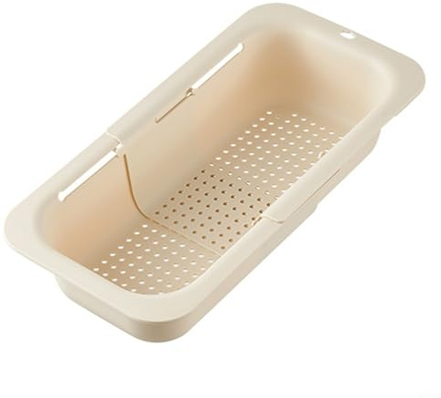 Escurridor de platos, canasta escurreplatos expandible, organizador telescópico de fregadero de cocina para frutas y verduras, material de polipropileno, beige (L)