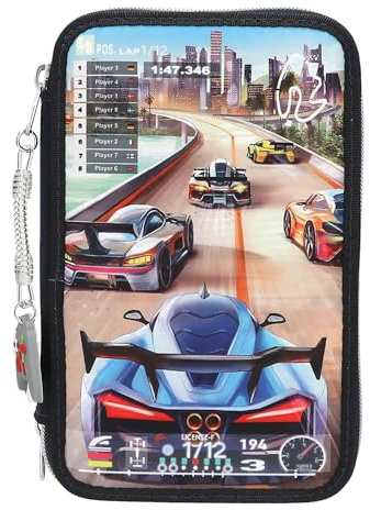 Depesche 13712 Action World Gaming - Gefüllte 3-Fach Federtasche in Dunkelblau, mit Motiv eines Auto-Rennspiels und Skyline, Federmappe mit Buntstiften, Schere, Lineal UVM.