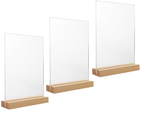 Ciieeo Lot de 3 Porte-affiches de Menu en Acrylique Transparent, Présentoir de Table T Pied en Bois de Hêtre, Format A5 et A6 Vertical, Support Stable pour Restaurant, Bureau et Mariage