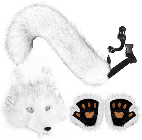 Generisch Wolf Maske & Schwanz Set – Kunstleder Wolfsmaske mit PfotenHandschuhen & Fuchsschwanz – Realistisches Cosplay Zubehör für Halloween, Karneval & Mottopartys – Kostüm Set für Damen & Herren