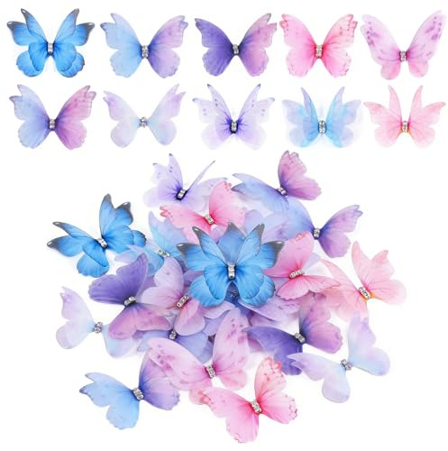 70 Stück 10 Stile Schmetterlinge Deko, 3,5 x 5cm 3D Schmetterling Deko | Schmetterling 3D Butterflies, Organza Fabric Translucent Chiffon Butterfly, Schmetterlinge fur Party Decorations Room Wedding