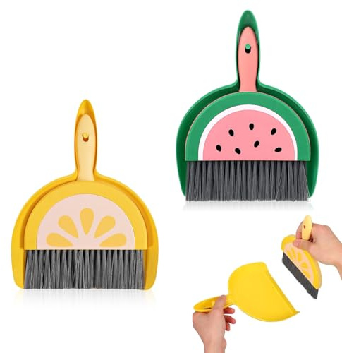 PYRUVAE 2 Piezas Mini Cepillo De Mano Y Pala Recogedor Y Cepillo De Mano Pequeño Escoba De Mesa Con Pala Juego De Recogedor De Mesa Mini Escoba Para Casa Oficina Escuela (Sandía + Limón)