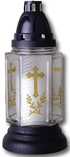 Lumino in vetro con base, candela per cimitero, lumino 6 angoli, Vetro, buena - weiß, inkl. Kerze 40h + 5x Ersatz 50h