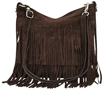 AMBRA Moda Damen Handtasche Ledertasche Umhängetasche Fransentasche Schultertasche Damentasche Wildleder 32 cm x 29 cm x 2 cm WL809 (Braun)