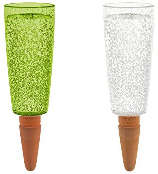Scheurich Wasserspender Copa XL | 4er Set Grün/Transparent | 500 ml Füllmenge | Bewässerungskugel klein mit Ton Fuß | Wasserspender Pflanzen und Blumen Terrakotta Stiel