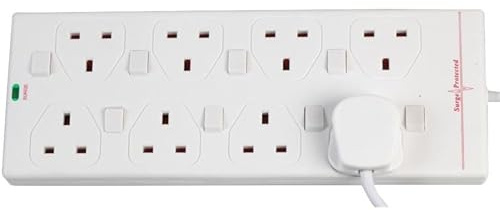 ShaniTech 8 Gang Extension Lead 2M Cable – Surge Protected Power Strip with Individually Switched Sockets, Overload Protection, UK 3-Pin Plug, 8 Way Extension Cable – White