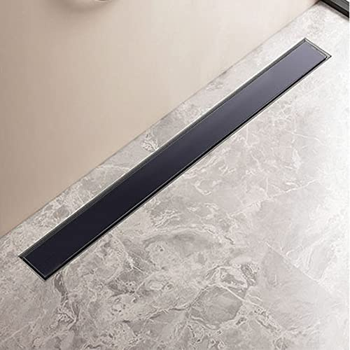 Finmrys Duschrinne 70cm Schwarz Glas,Siphon mit Geruchsstop und Haarsieb, Edelstahl Ablaufrinne, Bodenablauf, Duschablauf sehr flach, Komplettset mit Bodenbefestigung, für Badezimmer