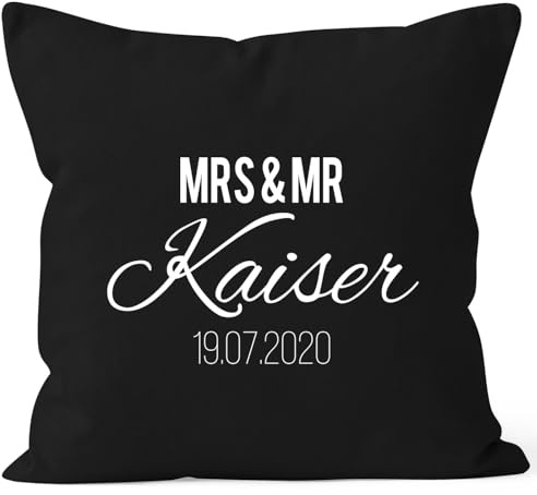 SpecialMe® personalisierbares Kissen zur Hochzeit mit Namen und Datum Mrs und Mr Familienname Hochzeitsgeschenk Schwarz 40cm x 40cm