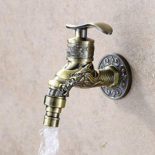 JZK G 1/2 Zoll Antik Messing Wandmontage Wasserhahn für Spülbecken Waschmaschine Wasserhahn Garten Wasserhahn Vintage Drache Stil Einhebel Griff Wasserhahn Wasserhahn