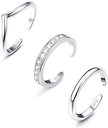 Sllaiss 3 Stücke Zehenring 925 Sterling Silber Knöchelring für Frauen Offenen Zehenring Set Verstellbarer Bandring Zirkonia Ring Weißgold