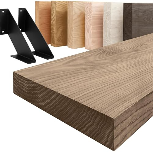 LAMO Manufaktur Holzregal mit schwarzen V-förmigen Halterungen | Wand Regal 50cm breit für Badezimmer, Flur, Küche im Industrial-Stil | Farbe: Nussbaum, Kante: gerade | Massivholz, Vintage-Charakter