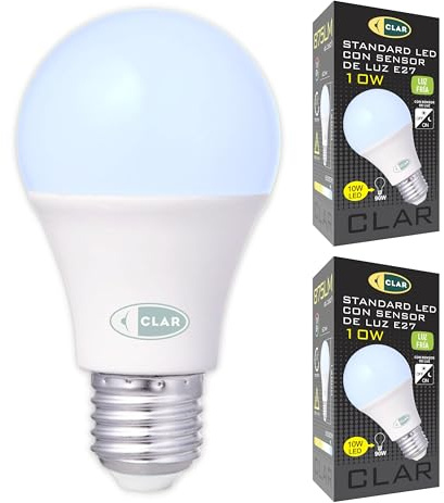 CLAR - Dämmerungssensor 10W, LED Mit Dämmerungssensor E27, Dusk To Dawn, Birne Mit Lichtsensor, Sensor LED Lampe, LED Lampe Mit Tageslichtsensor, Daylight Sensor 6000Kº (Pack 2)