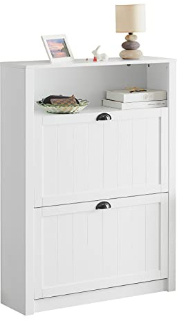SoBuy Meuble de Rangement à Chaussures Armoire à Chaussures Commode à Chaussures 2 abattants et Compartiment supplémentaire 80x24x110 cm, FSR87-W