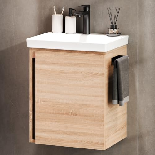 Planetmöbel Waschtisch mit Unterschrank 50 cm, Sonoma | inkl. Waschtischarmatur schwarz, Badmöbel Set für Gäste Bad und WC, hängend