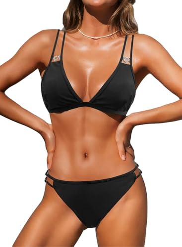 NLAND Bikini Mujer Trajes de Baño Dos Piezas Ajustable Halter Top Bikini Triangular Cintura Baja Tanga Ropa de Baño(Negro,S)