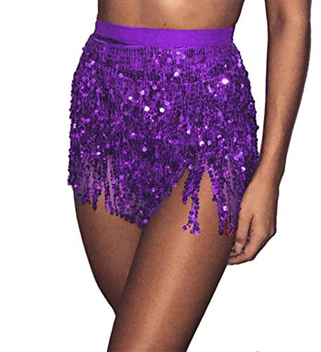 Damen Pailletten Rock Quasten Rock Rave Rock Bauchtanz Kostüm Bauchtanz Mini Rock für Mädchen, Bauchtanz Hüfttuch Club Kostüm Sommer Wrap Fransen Röcke, Rock zum Schnüren, Hüftschal, Rave Outfit