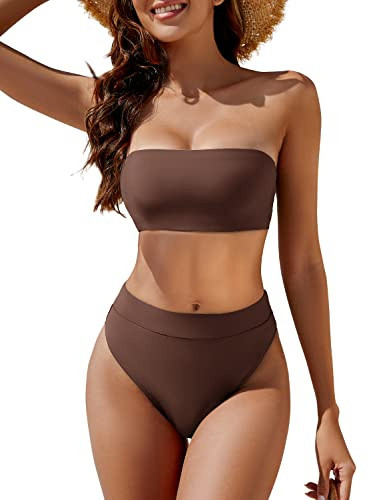 YACUN Women's High Waisted Bikini Swimsuit Two Piece Strapless Bandeau Cheeky Bathing Suits Coffee M