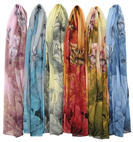 amokk 6 Packs Fashion Scarves for Women Lightweight Chiffon Scarfs for Women Summer Shawl Warp Floral Head Scarf (Color-8)
