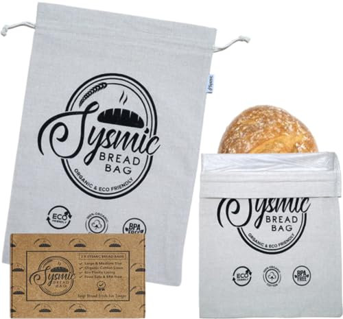 2 x Reusable Bags for Homemade Bread Organic Cotton and Linen with Plastic Lining to Keep Fresh for Longer Storage - 44cm and 36cm Sizes