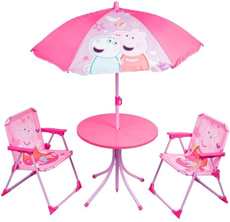 Relsy Peppa Pig Patio Set Kid's Garden Furniture 4-Piece Kids Patio Set With Table, 2 x Chairs, Adjustable Parasol Cartoon Design For Children (Peppa Pig)
