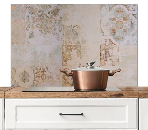 KitchenYeah© Küchenrückwand Platte Spritzschutz Küche Deko Aluminium Platte | 100x65 cm - Wandschutz Küchen Zubehör WandverkleidungFliesen - Vintage - Braun - Antik