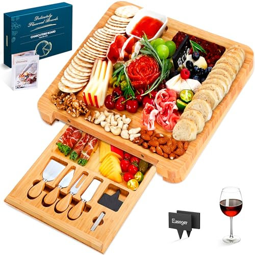 Easoger Cheese Board, Large Charcuterie Board Set, Bamboo Serving Platter, 4 Serving Knives and Utensils - House Warming & Wedding Gifts