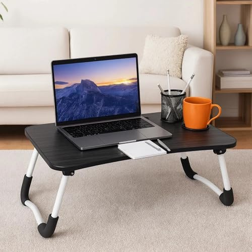 Laptop Bed Table Lap Standing Desk, Sofa Breakfast Bed Tray Folding Laptop Lap Desk Cup Holder Notebook Stand Legs 60 * 40 * 26cm (Black)