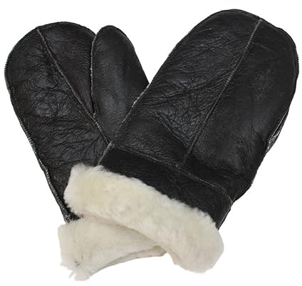 Unisex handgjorda äkta läder tjocka varma vinter fårskinn skjuvning vantar handskar, Brun/grädde, L