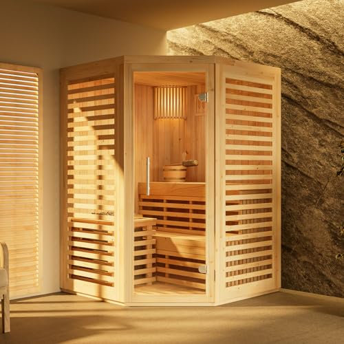 FinnTherm Sauna d'intérieur Svala - Avec façade en verre - Pour 2 personnes - Dimensions intérieures : l 129 x P 129 x H 191 cm - Chaises longues de sauna de qualité supérieure - Éléments préfabriqués
