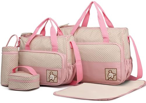 Kmrlofiy 5er-Set Baby Wickeltasche Babytasche Mama Wickelrucksäcke Handtasche Schultertasche Flaschenhalter mit Wickelunterlage für Reise, Baby Wickelumhängetaschen (Rosa)
