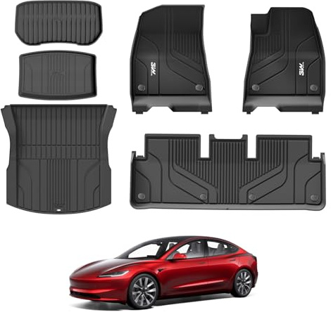 3W Floor Mats and Boot Liners Fit for Tesla Model 3 2024 2025 2026 Highland, Thorex™ All Weather Full Set Car liners and Cargo Mats, Dog Friendly Accessories Custom Fit for New Version Tesla Model 3