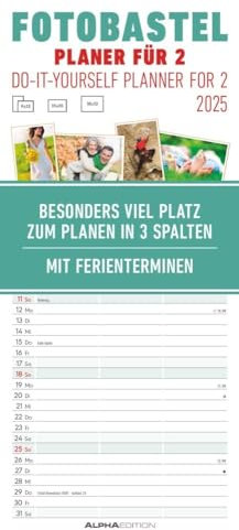 Alpha Edition - Foto-Bastelplaner für 2 2025 Bastelkalender, 19,5x45cm, Do it yourself Kalendar mit 3 Spalten für Termine, mit Ferienterminen DE/AT/CH, Mondphasen und deutchem Kalendarium