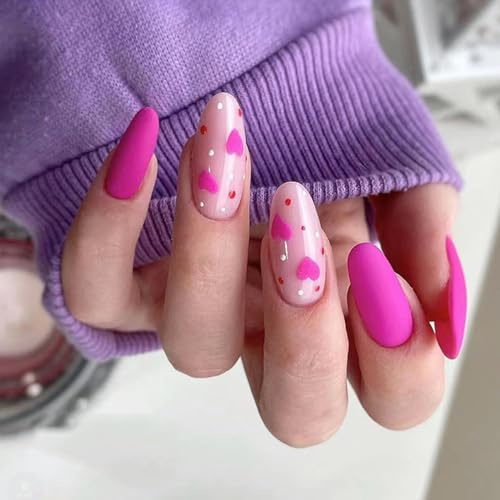 24 Stück Valentinstag Künstliche Nägel Mandel Mittel Falsche Nägel Französische Rosenrot Kunstnägel Press on Nails mit Liebesherz Designs Acryl Fingernägel Nägel zum Aufkleben für Frauen und Mädchen