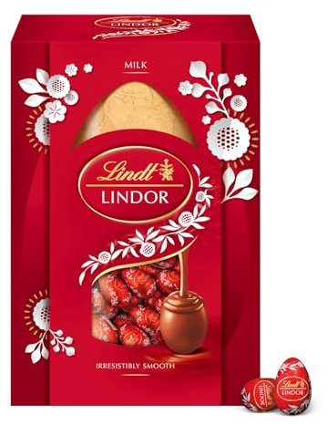 Lindt LINDOR Huevo de Pascua de chocolate con leche, relleno de pequeños huevos de pascua Lindor, figura de pascua, cremoso y suave, 215gr