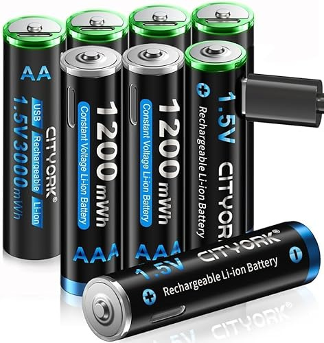 CITYORK USB-C AA AAA Akkus Lithium Wiederaufladbare, 4 Stück 1,5V AA Batterien 3000mWh und 4 Stück AAA Batterien 1200mWh mit 4-in-1 USB Ladekabel