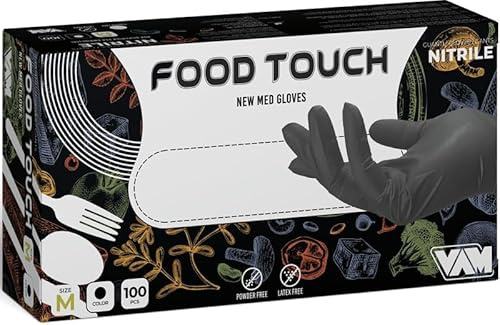 Guanti in Nitrile, Guanti monouso Colore Nero Food Touch Confezione 100 Pezzi ideali per Settore ALIMENTARE, Ho.Re.Ca, Estetica e Tatuatori, di Qualità Superiore (S)