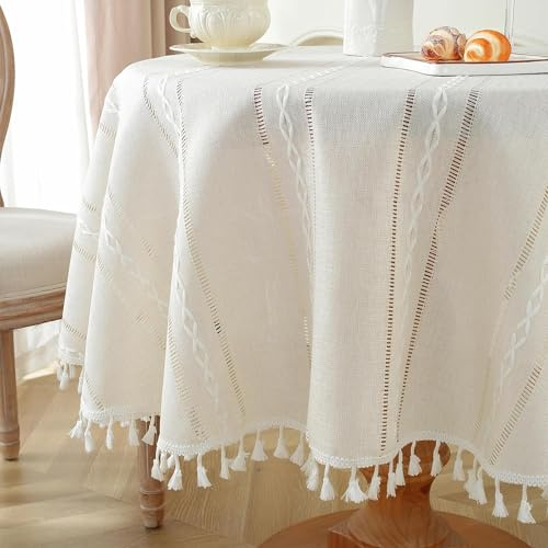 meioro Böhmische Runde Tischdecke für Küche Dekoration, 120cm Makramee Tischtuch mit Quasten, Kreis Leinen Tischwäsche, Gestreifte Tafeldecke Mesh Tischdecken für Esstisch Tabletop (Elfenbein Weiß)