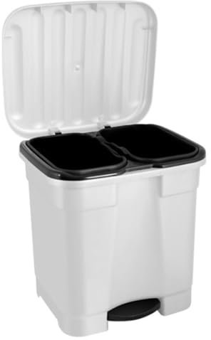 Acan Tradineur - Cubo de Basura con Pedal y 2 Compartimentos, plástico, contenedor Basura, Papelera con 2 Cubos Interiores, Fabricado en España (Blanco - 46 litros - 45,5 x 43,5 x 39 cm)