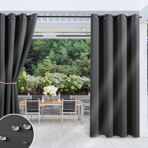 Vueinrg 2er Outdoor Vorhang Wetterfest mit Ösen,Wasserdicht Outdoor Gardine Blickdicht Balkon Vorhang Sichtschutz Sonnenschutz Gardinen für Terrasse Veranda Pergola Gartenlaube,Grau B132XH215cm