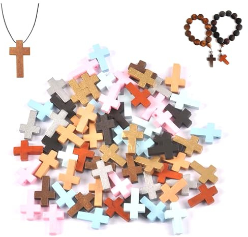 CHENNAN 100 Stück Mini Holzkreuz Anhänger Holz Kreuz mit Aufhängeloch | Kreuz aus Holz Mini Anhänger Für Party, Handwerk, DIY Schmuck Projekte Und Ostern Dekoration; Verschiedene Farbmischungen