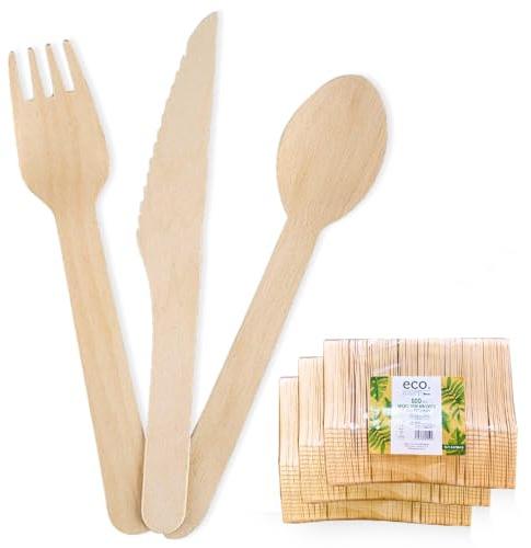Clearly 200 Wooden Disposable Cutlery Set, Eco Friendly Biodegradable Compostable 16.5cm Forks Knives for Picnic, Party, Restaurant, Home Daily Use (100 Forks + 100 Knives)