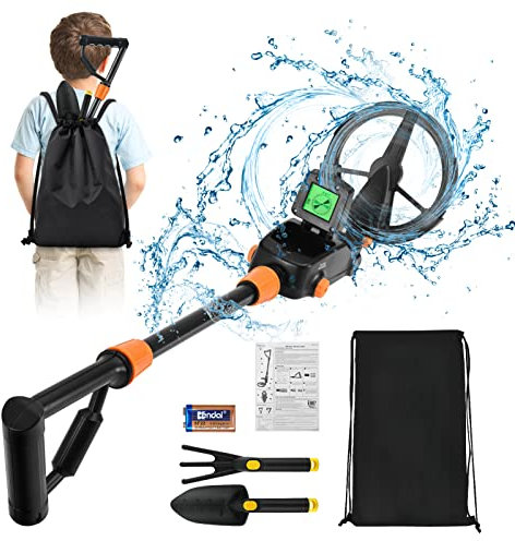 Metal Detector Kids with LED Display & Buzzer and Waterproof Search Coil, Adjustable High Sensitivity Lightweight Kids Metal Detector with Rake, Shovel and Bags for Treasure Seeking