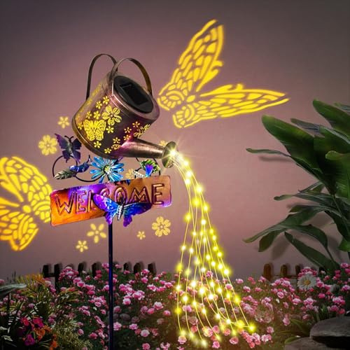 GLOBAL GOLDEN Solar Watering Can Light, LED Solar String Lights Waterproof Dual Mode Water Can Lights for Garden Patio Yard Pathway Lantern Plant Decoration (Butterfly) | Garden Ornaments Outdoor Waterproof Fairy String Lights, Hanging Metal for Yard Lawn Pathway Patio, Gifts for Women Mum